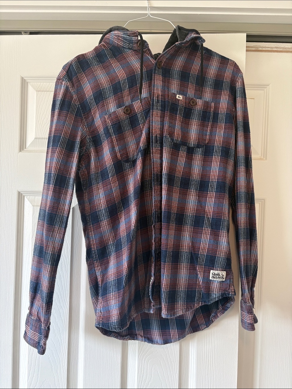Quiksilver Men's Navy and Rust Plaid Hooded Button-Down Flannel
